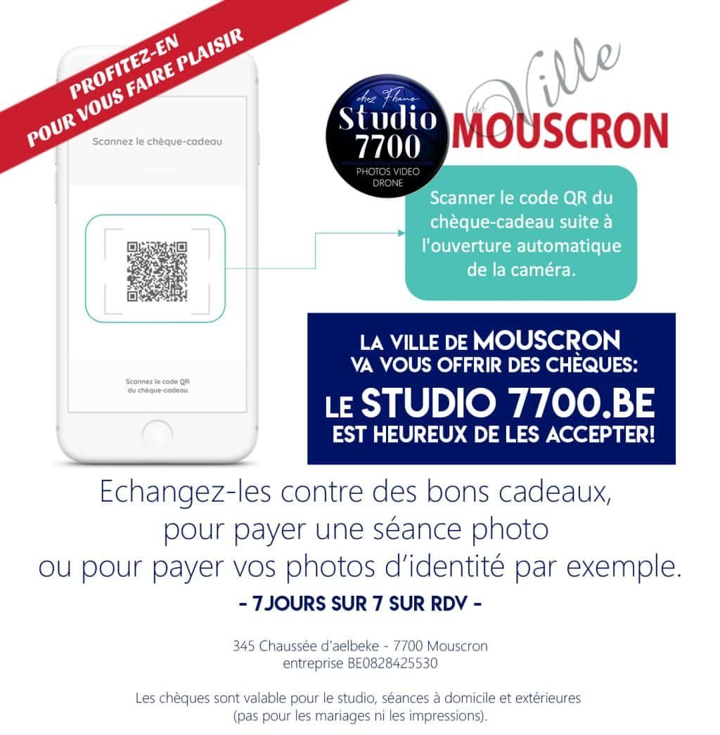 Où échanger les chèques de la ville de Mouscron (quels commerces prennent les chèques Cirklo)? Au Studio 7700.BE chez Fhano échangez vos chèques contre des bons cadeau, des séances photo, le paiement de vos photos d'identité et de passeport par exemple.