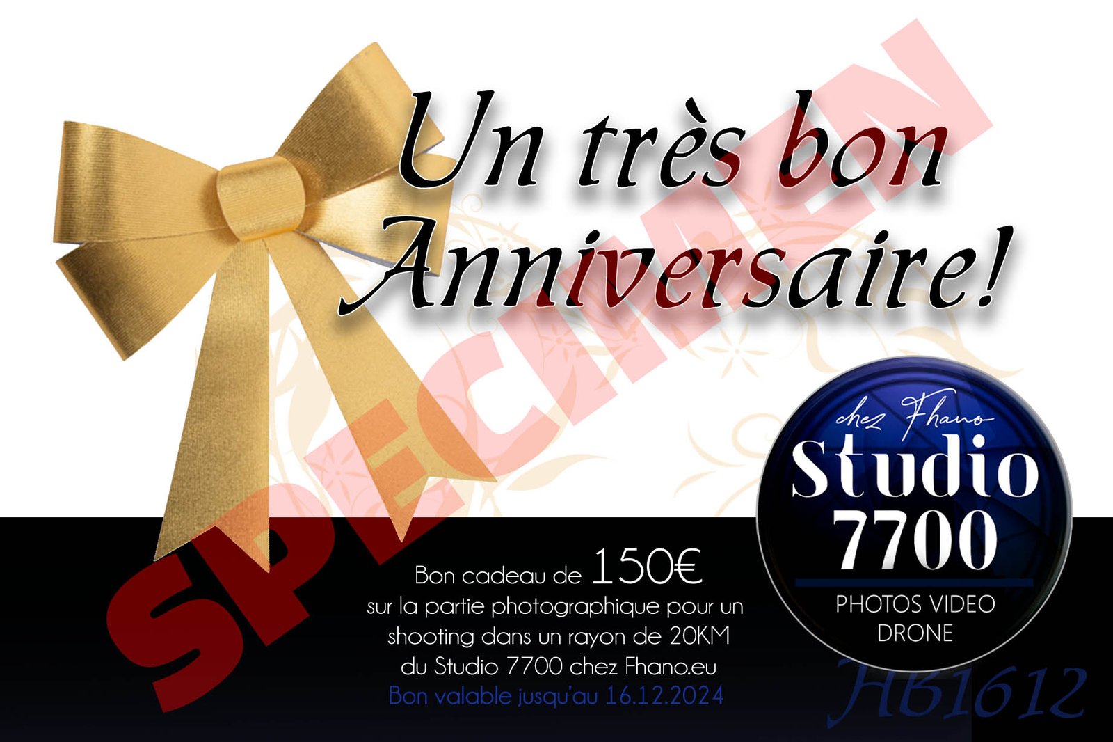 Exemple de bon cadeau séance photo du Studio 7700 chez Fhano