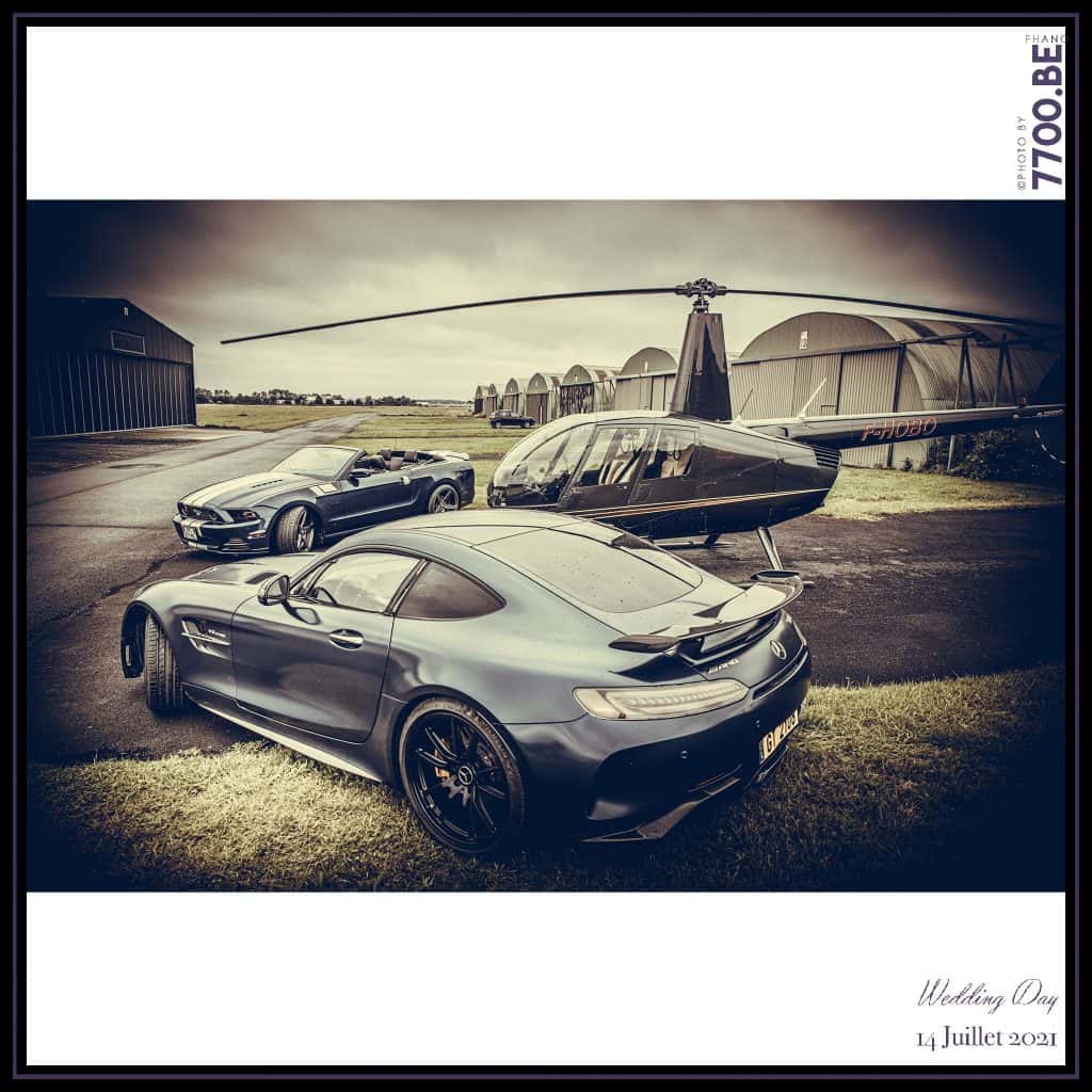 Véhicules de prestiges Mercedes Amg Gtr, Mustang, Hélicoptère - Quelques photos © faites par le studio 7700BE et votre photographe Fhano lors du mariage de GERALDINE ET SEBASTIEN